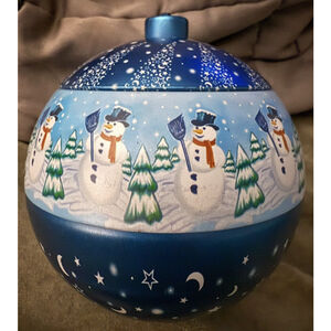 2008 Lindt 4” Tin Ball Blue Silver Snowmen Star Moon Christmas Tree Ornament EUC